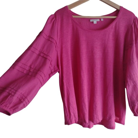 Chicos Pink Linen Top XL 3 Relaxed Fit Puff Sleeve Lightweight Fuschia Blouse - Picture 5 of 8